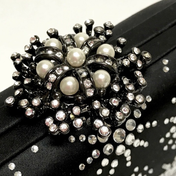 Satin Evening Bag Hard Shell Sparkling Stones and Chain Strap - Picture 3 of 10